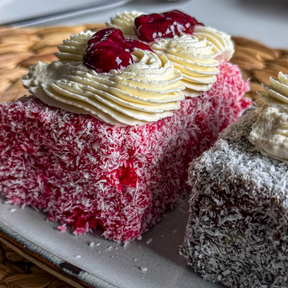 Lamington Cake Recipe with Raspberry and Chocolate Dip lamingtons cake